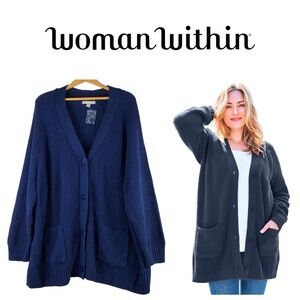 New Woman Within 4X 5X 34 36 Shaker Cardigan Sweater Navy Blue Pockets Ribbed